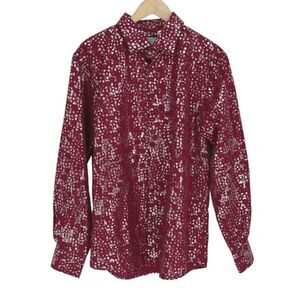 Suslo Couture Mens Spotted Slim Long Sleeve Button-Up Shirt Burgundy Silver Size